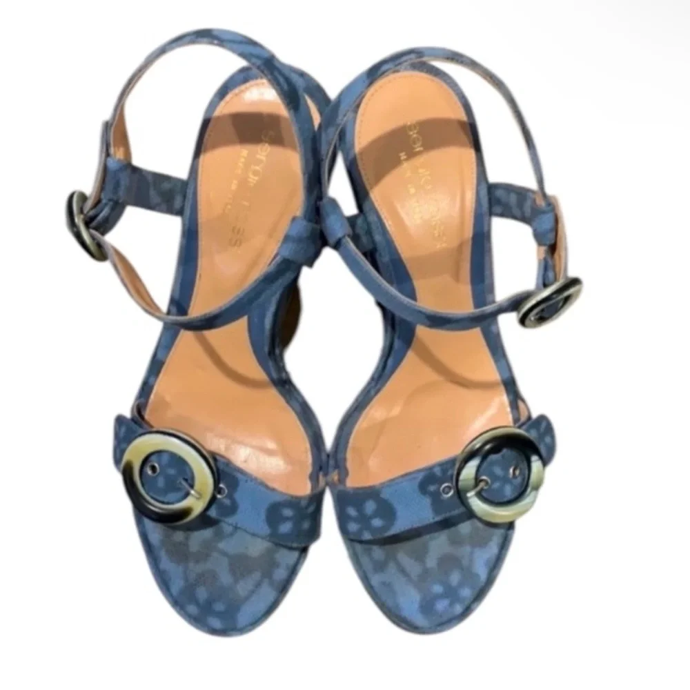 Authentic Sergio Rossi luxury designer denim blue floral canvas wedges sz 6.5